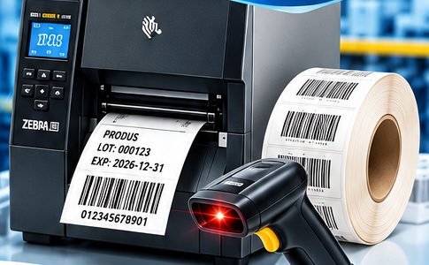 Imprimantă industrială de etichete, rolă de etichete cu coduri de bare și cititor laser
